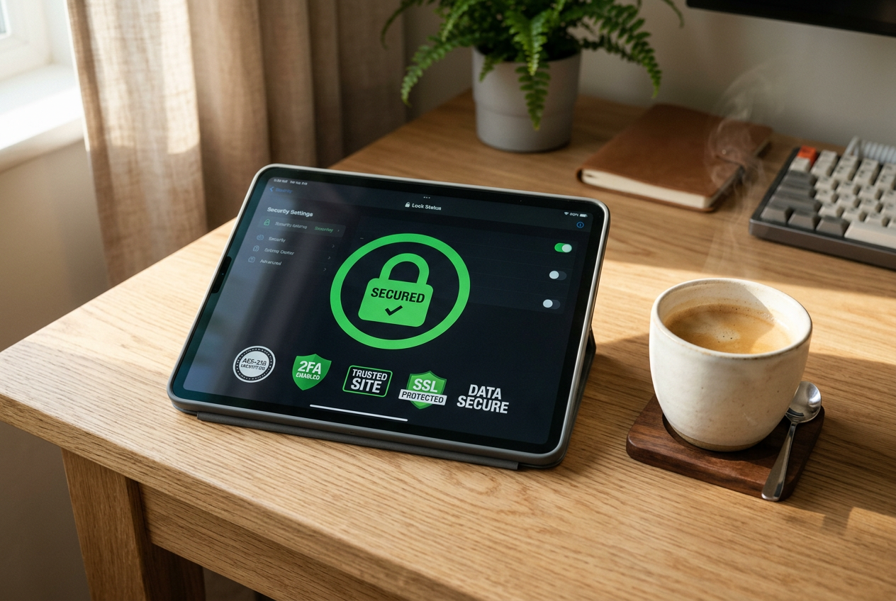 A digital tablet showing a security lock and verification symbols.